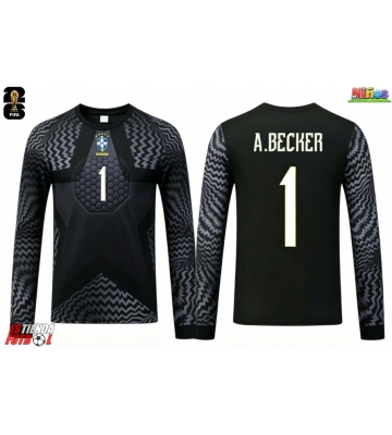Brasil Alisson Becker #1 Portero Primera Equipación Niños Mundial 2026 Manga Larga (+ Pantalones cortos)